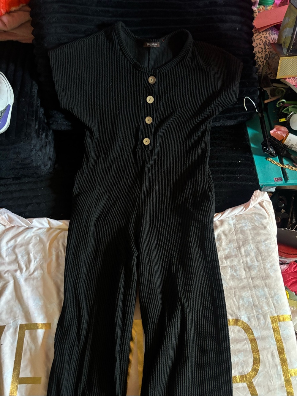Women's Black Ribbed Short-Sleeve Jumpsuit with Button Placket